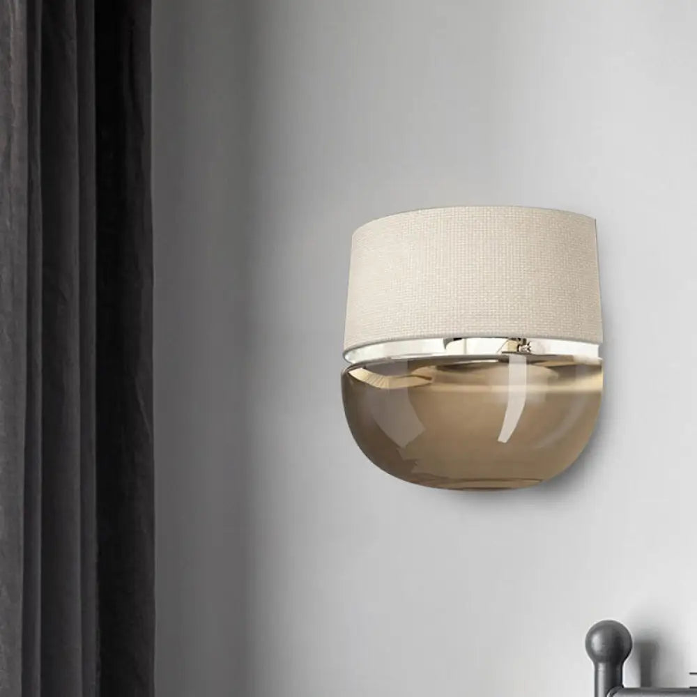 DecorBites™ Modern Arched Wall Sconce in White with Grid Pattern Fabric and Tan Glass Bottom