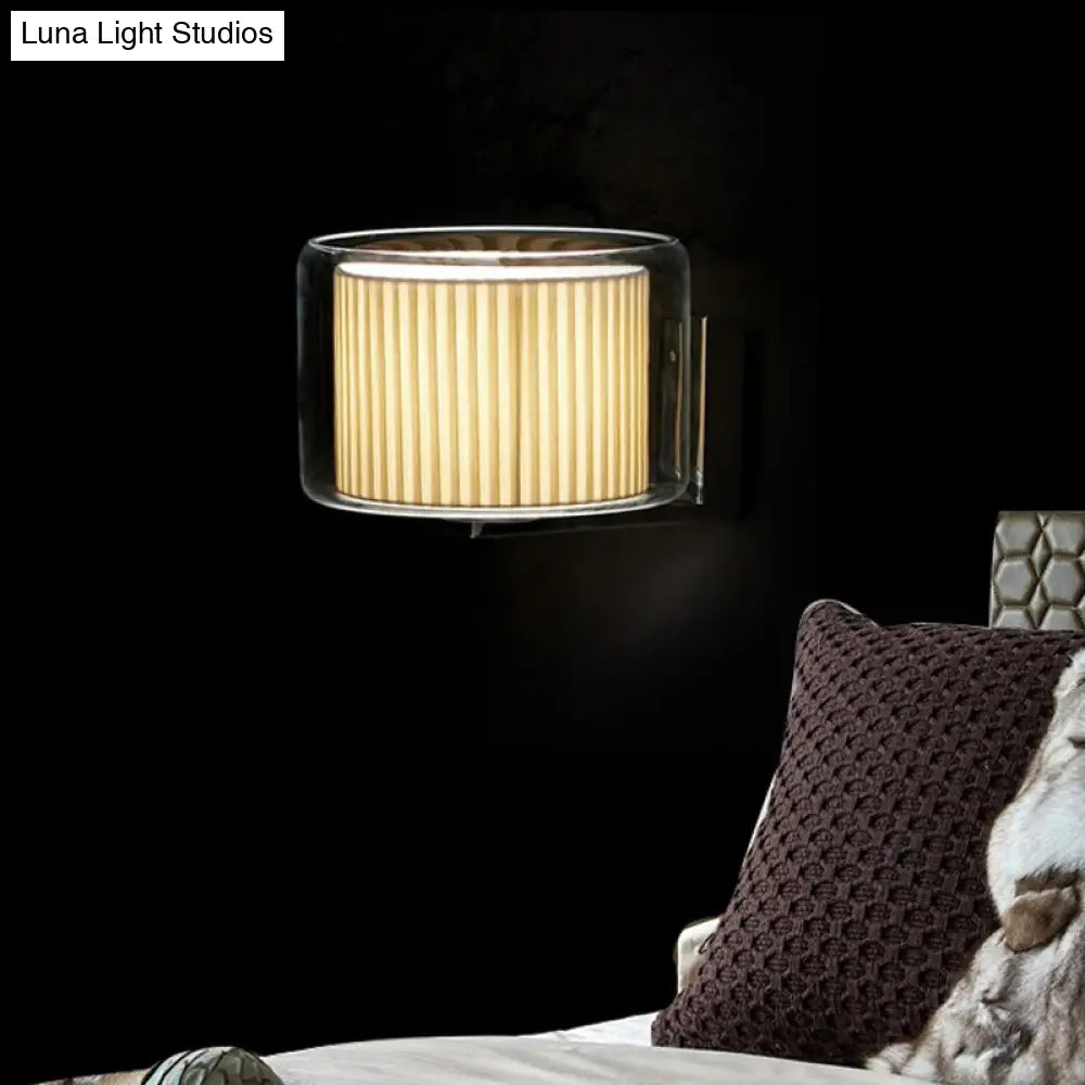DecorBites™ Modern Beige Drum Wall Lamp with Pleated Fabric Shade and Transparent Glass Shade
