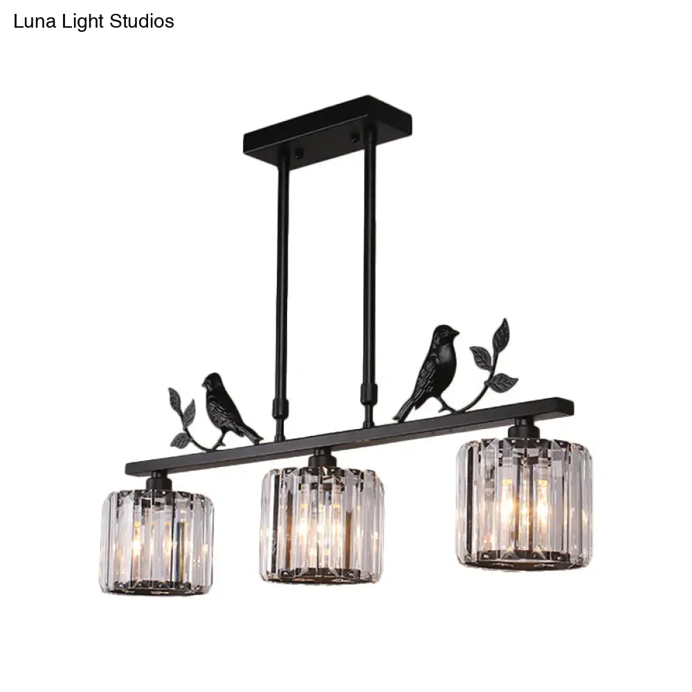 DecorBites™ Modern Black/Gold Chandelier Lamp with Clear Crystal Drum Shade, Bird Accent - 3 Heads Hanging Light Fixture