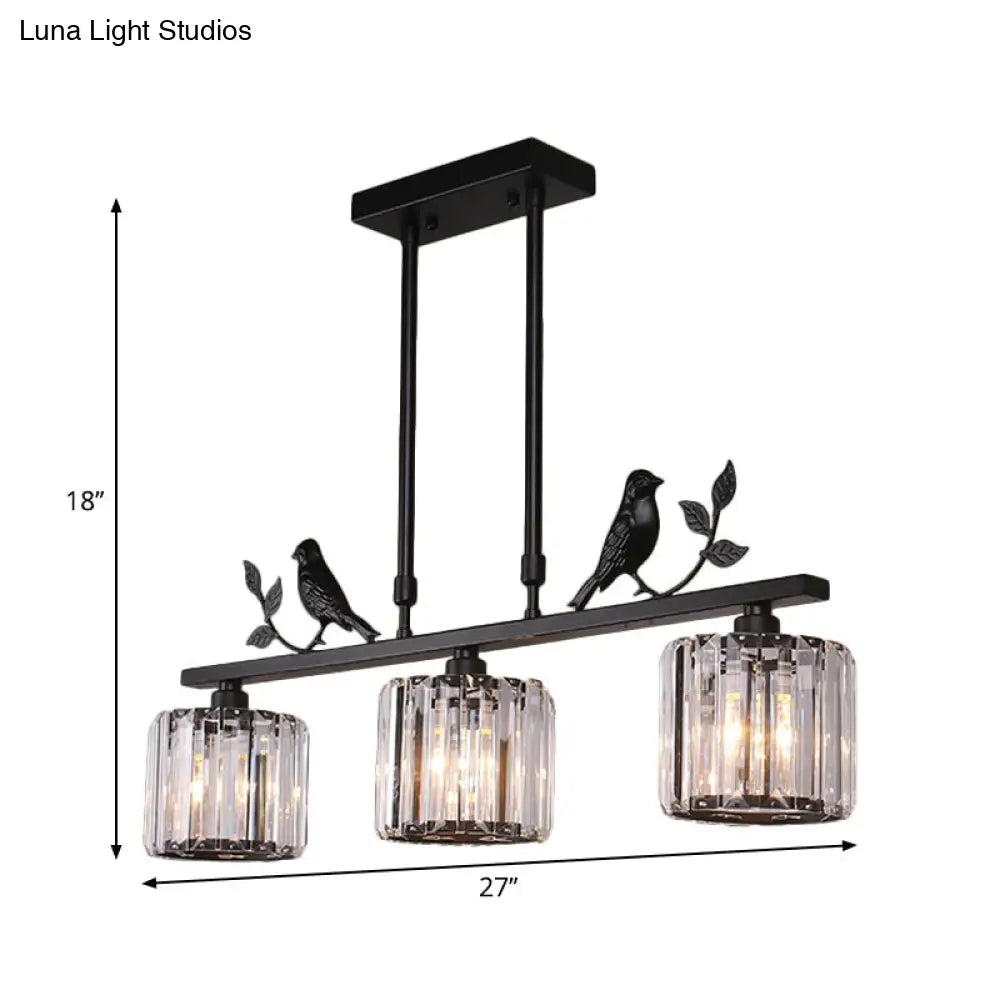 DecorBites™ Modern Black/Gold Chandelier Lamp with Clear Crystal Drum Shade, Bird Accent - 3 Heads Hanging Light Fixture