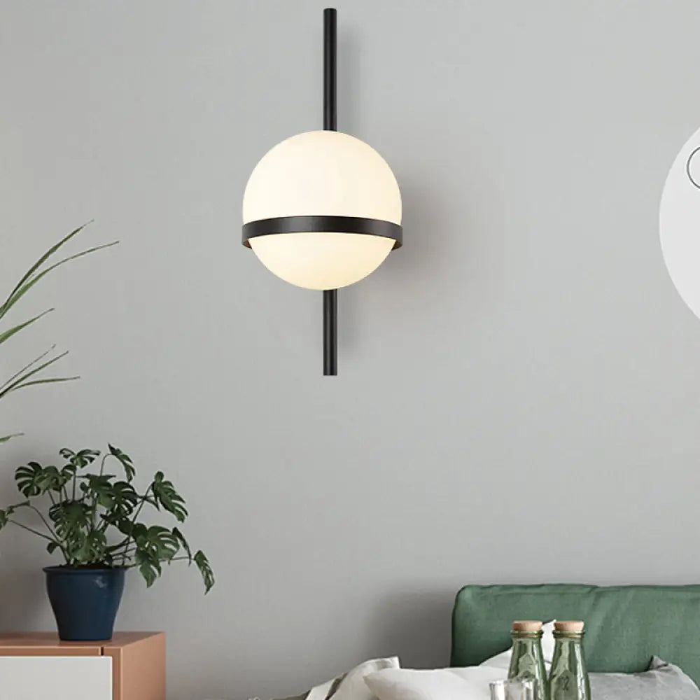 DecorBites™ Modern Black/Gold Vertical Wall Sconce with Orbit Opal Glass Shade - 1 Head Metal Wall Lamp, 6"/8" Width