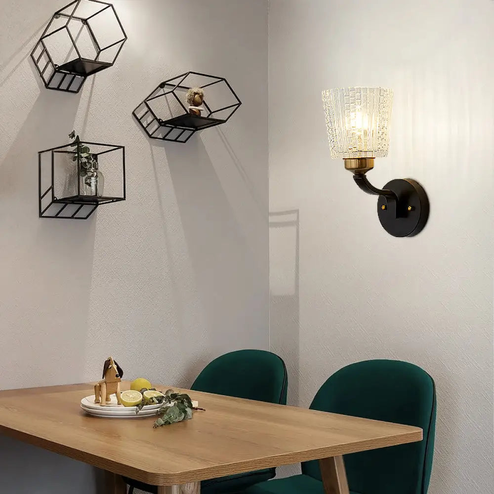 DecorBites™ Modern Black Metal Sconce Light with Textured Glass Shade - 1 Light Conical Wall Lighting