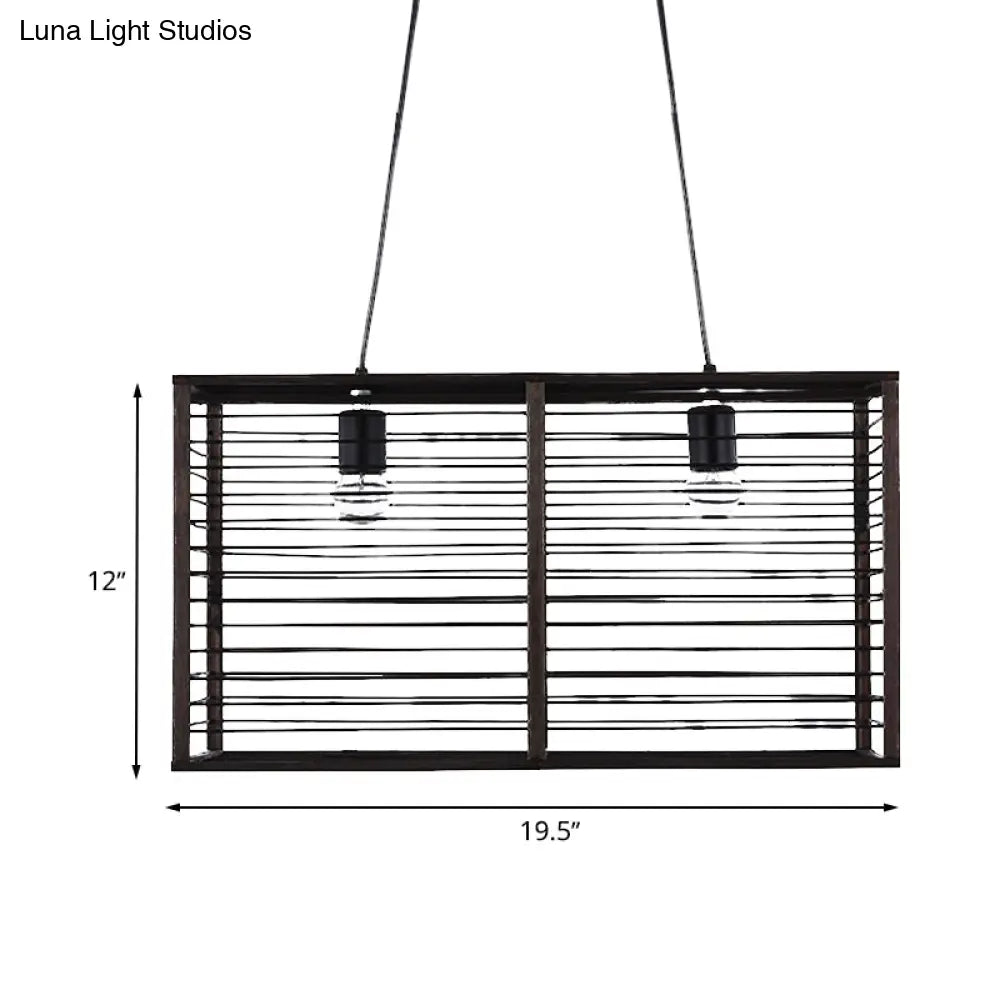 DecorBites™ Modern Black Rectangle Cage Island Pendant Light - 16"/19.5" W, 2-Light Bamboo Suspension Lamp for Restaurants