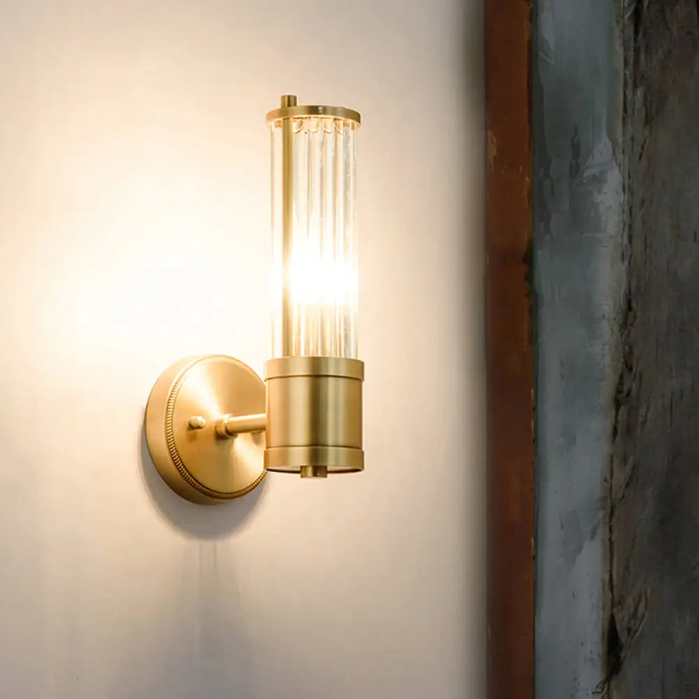 DecorBites™ Modern Brass Wall Sconce with Crystal Cylinder Shade - Ideal for Hallways and Wall Mount Lighting