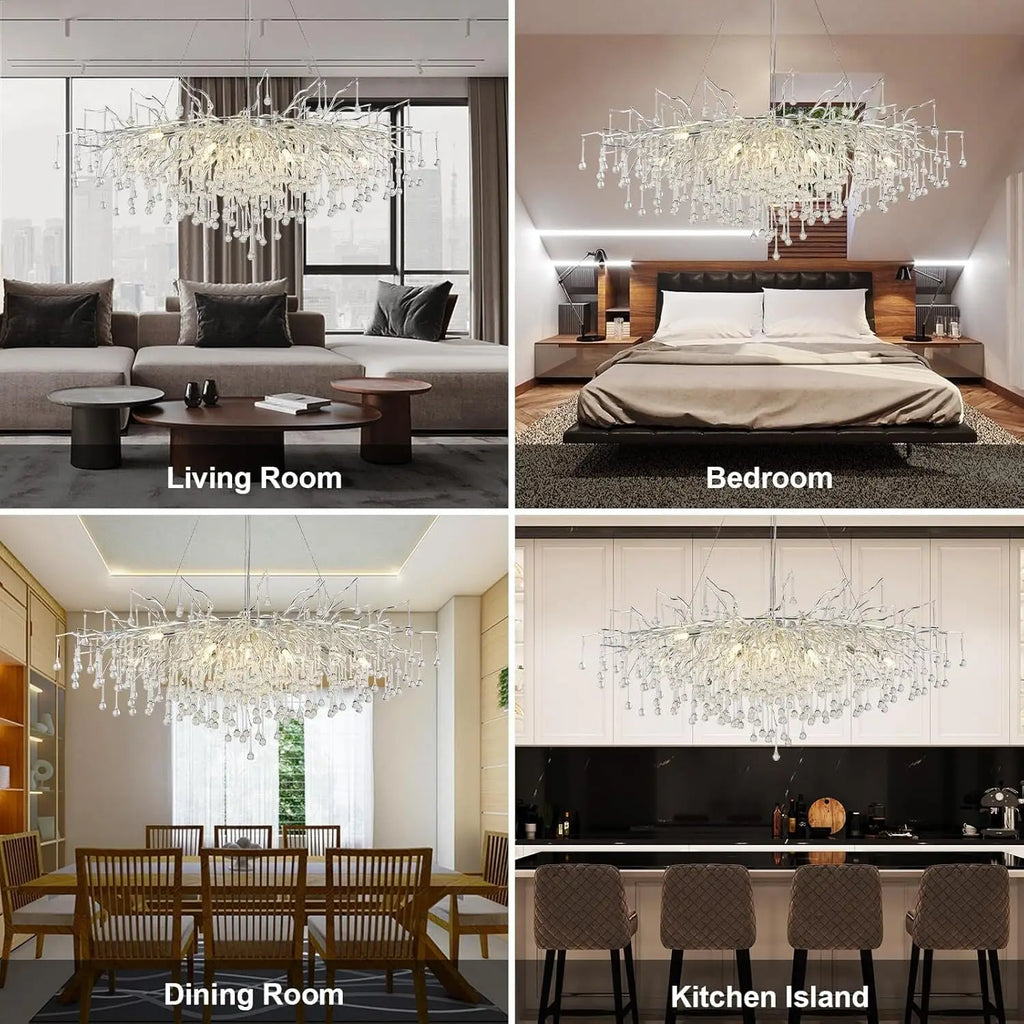 DecorBites™ Modern Chrome Chandelier with Crystal Raindrops