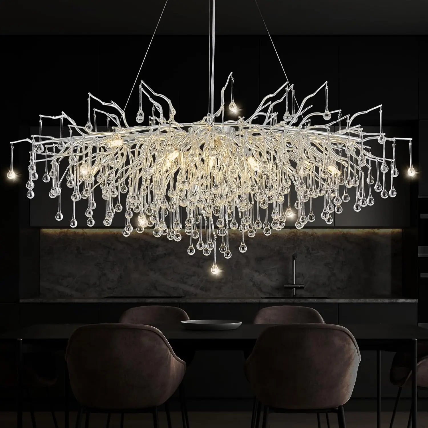 DecorBites™ Modern Chrome Crystal Chandelier - Long Raindrop Pendant