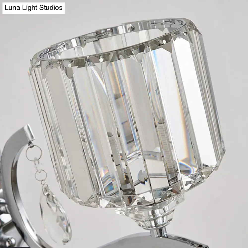 DecorBites™ Modern Crystal Block Cylinder Wall Sconce in Chrome - Bedroom Wall Light Fixture