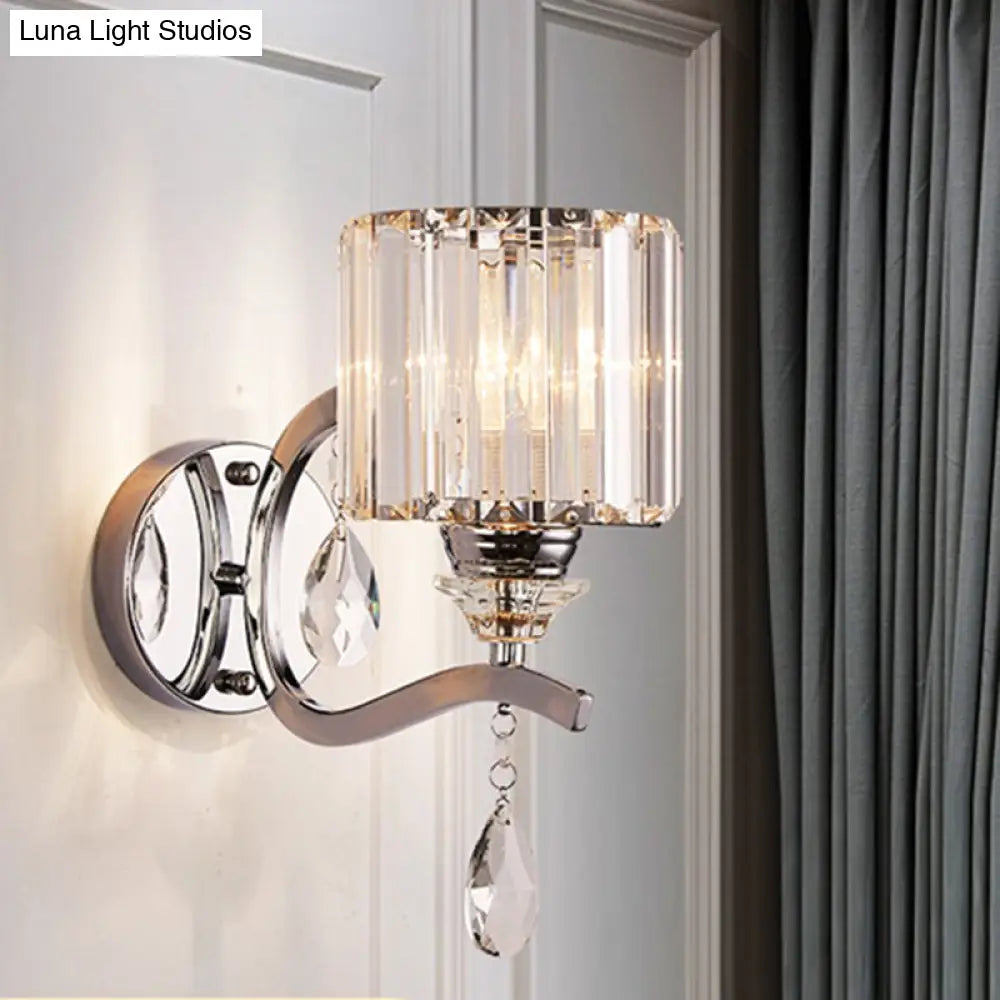 DecorBites™ Modern Crystal Block Cylinder Wall Sconce in Chrome - Bedroom Wall Light Fixture
