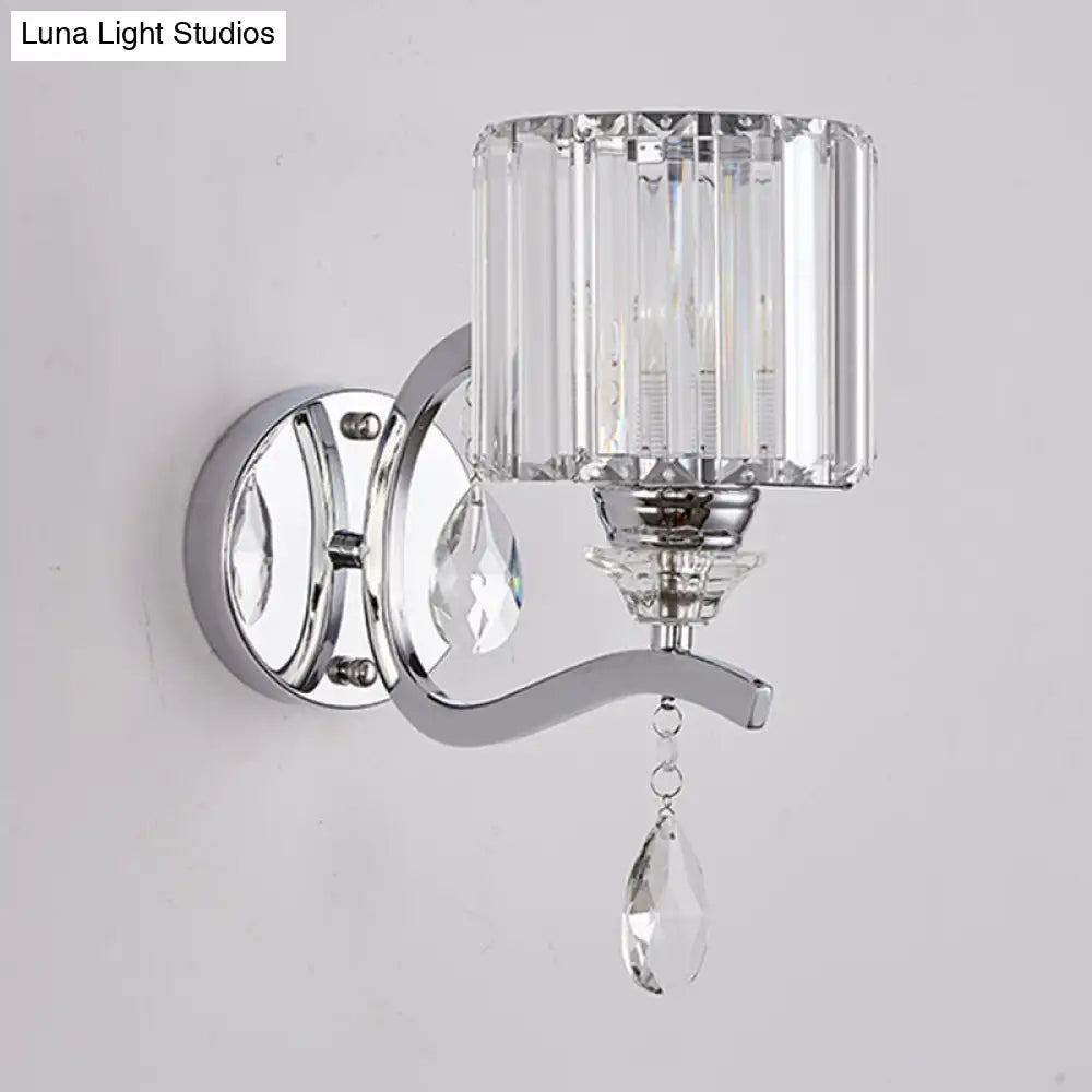 DecorBites™ Modern Crystal Block Cylinder Wall Sconce in Chrome - Bedroom Wall Light Fixture