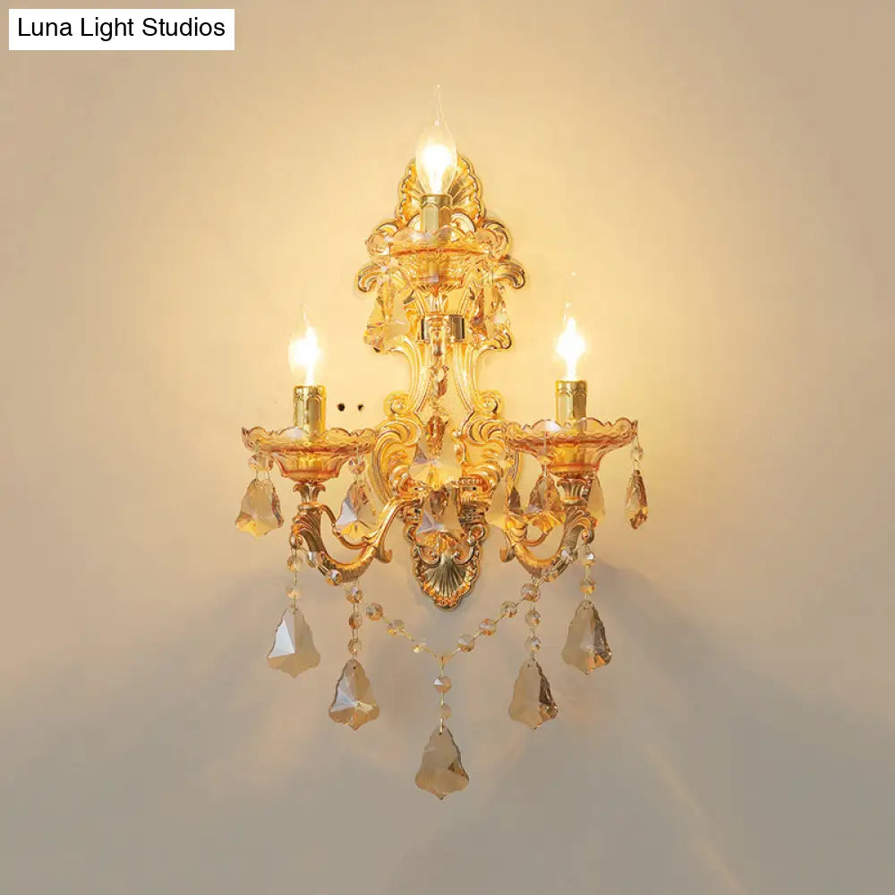 DecorBites™ Modern Crystal Candelabra Wall Mount Light with 3 Gold Lights - Living Room Sconce