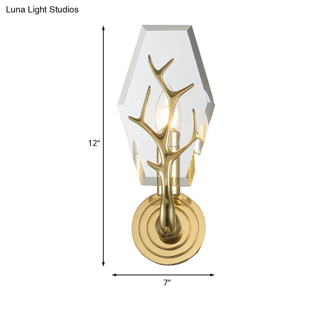 DecorBites™ Modern Crystal Hexagon Sconce Light Fixture: Gold Wall-Mount Lamp with Antler Deco