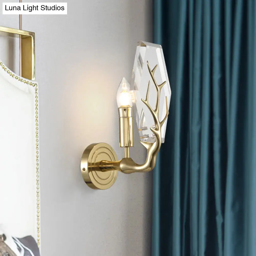DecorBites™ Modern Crystal Hexagon Sconce Light Fixture: Gold Wall-Mount Lamp with Antler Deco