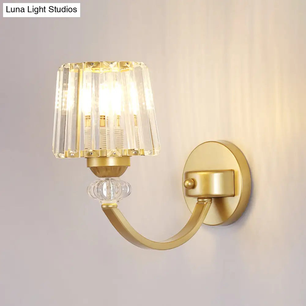 DecorBites™ Modern Crystal Wall Lamp: Clear Barrel with Curved Arm in Black/Gold - 1/2-Light Wall Mounted Lighting