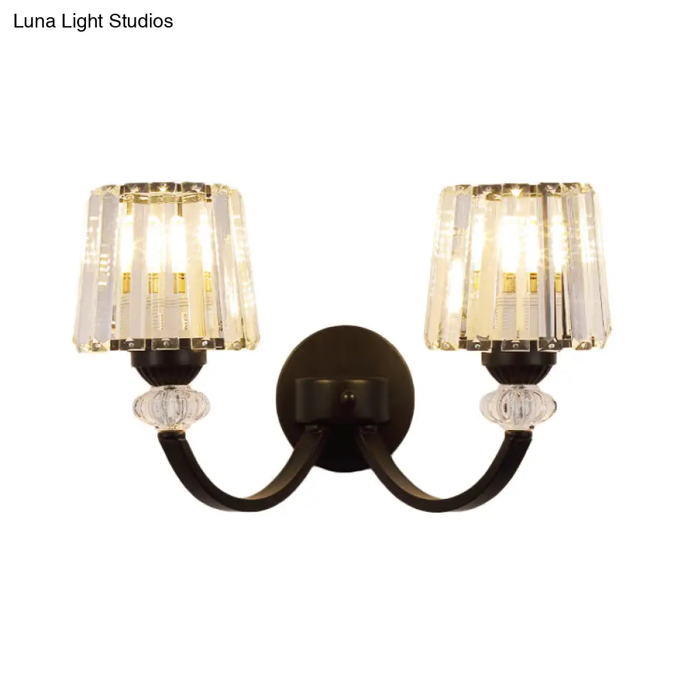 DecorBites™ Modern Crystal Wall Lamp: Clear Barrel with Curved Arm in Black/Gold - 1/2-Light Wall Mounted Lighting