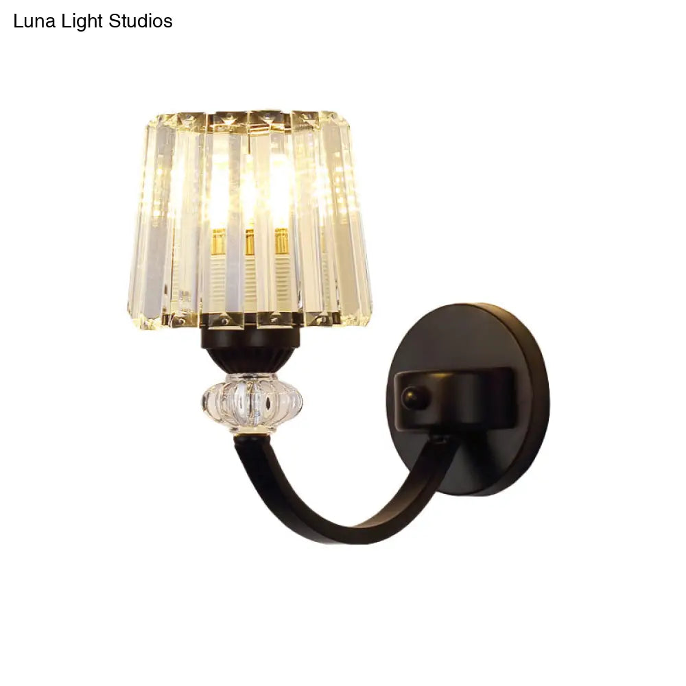 DecorBites™ Modern Crystal Wall Lamp: Clear Barrel with Curved Arm in Black/Gold - 1/2-Light Wall Mounted Lighting