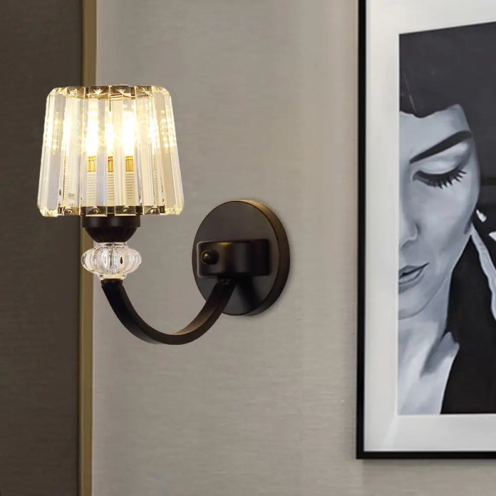 DecorBites™ Modern Crystal Wall Lamp: Clear Barrel with Curved Arm in Black/Gold - 1/2-Light Wall Mounted Lighting