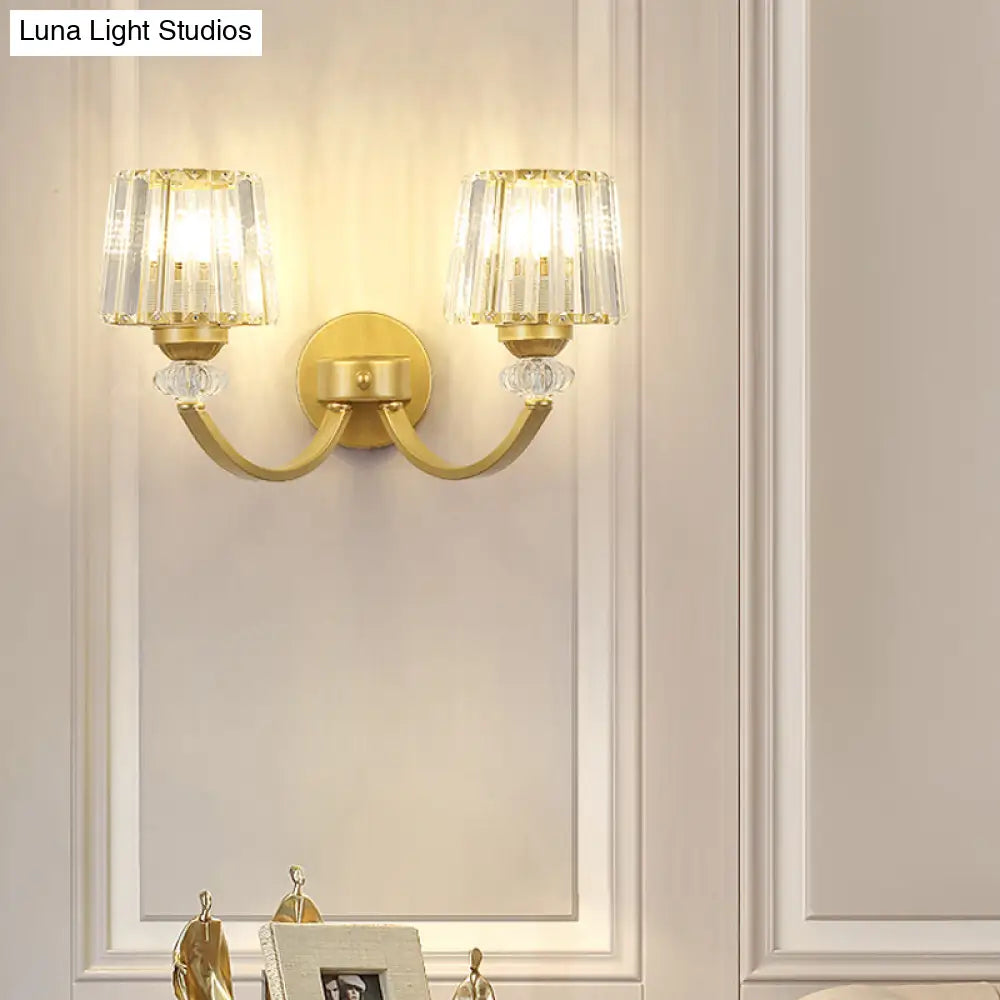DecorBites™ Modern Crystal Wall Lamp: Clear Barrel with Curved Arm in Black/Gold - 1/2-Light Wall Mounted Lighting