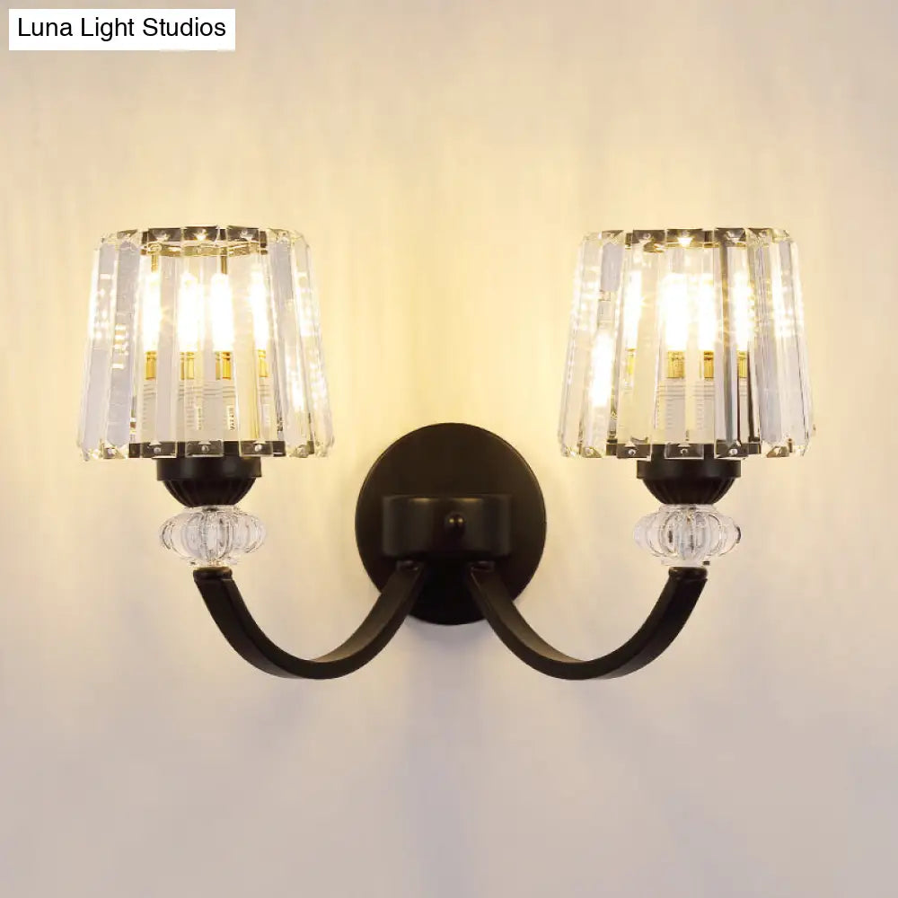 DecorBites™ Modern Crystal Wall Lamp: Clear Barrel with Curved Arm in Black/Gold - 1/2-Light Wall Mounted Lighting