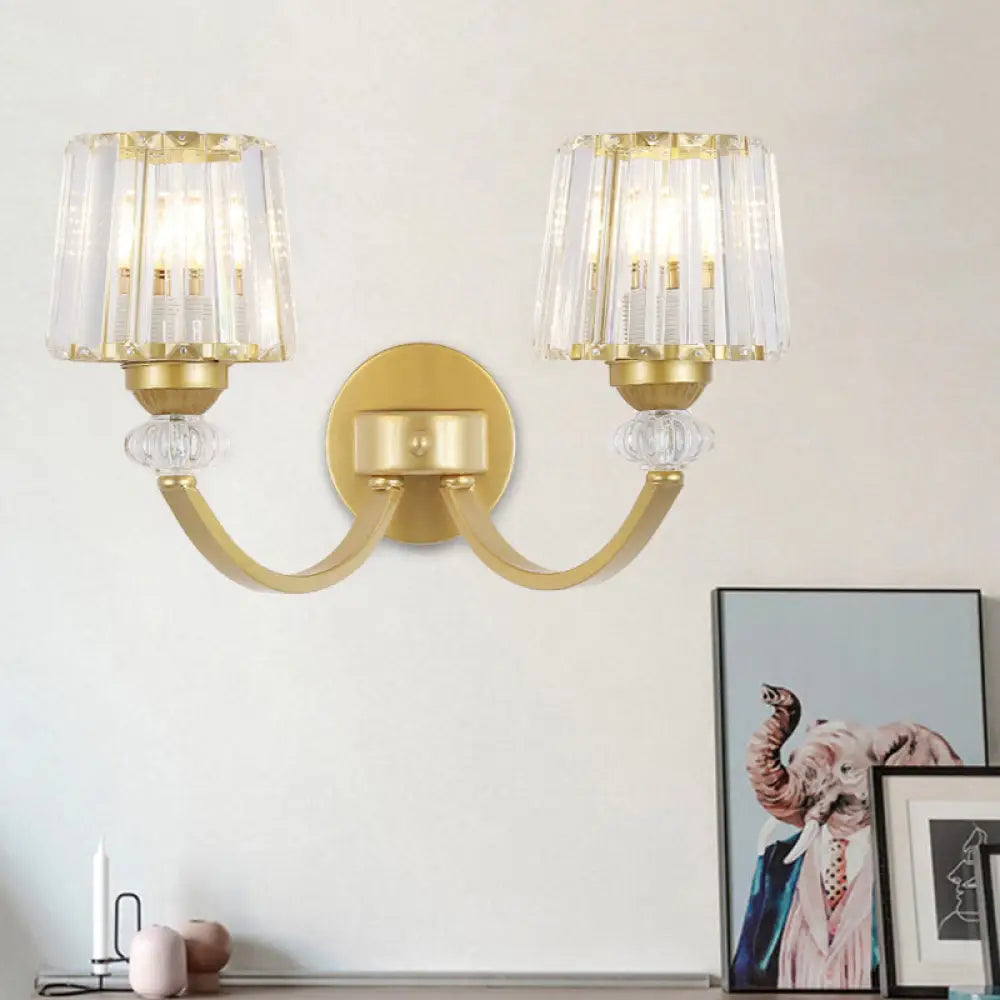 DecorBites™ Modern Crystal Wall Lamp: Clear Barrel with Curved Arm in Black/Gold - 1/2-Light Wall Mounted Lighting