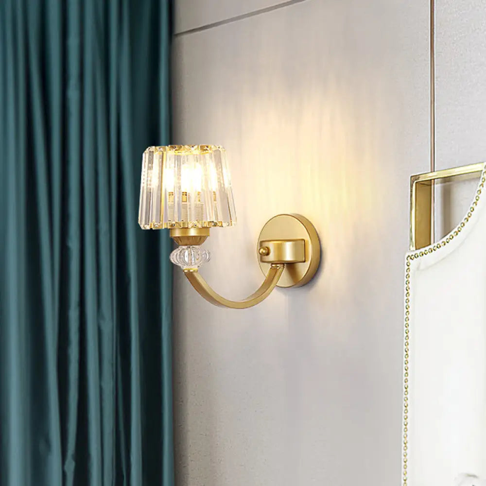 DecorBites™ Modern Crystal Wall Lamp: Clear Barrel with Curved Arm in Black/Gold - 1/2-Light Wall Mounted Lighting