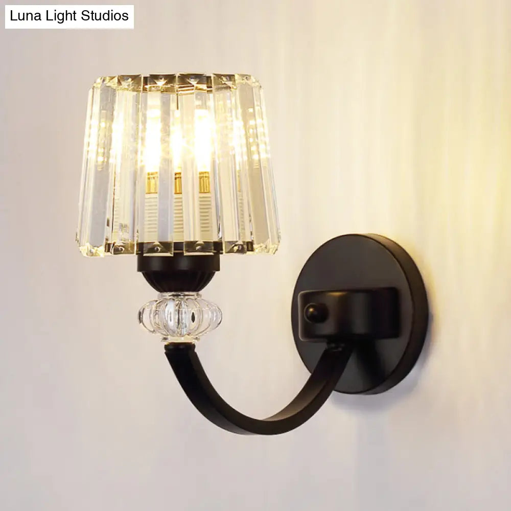 DecorBites™ Modern Crystal Wall Lamp: Clear Barrel with Curved Arm in Black/Gold - 1/2-Light Wall Mounted Lighting