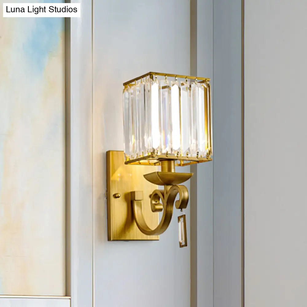 DecorBites™ Modern Cuboid Wall Light Sconce with Crystal Block, 1-Bulb Brass Fixture