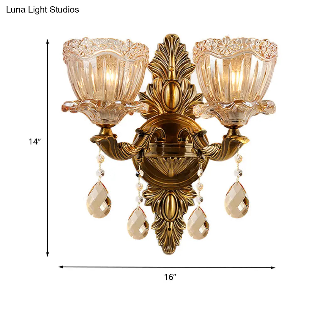 DecorBites™ Modern Floral Shaped Wall Sconce Light with Amber Glass and Teardrop Crystal Drop in Brass - 1/2 Heads - Ideal for Living Room