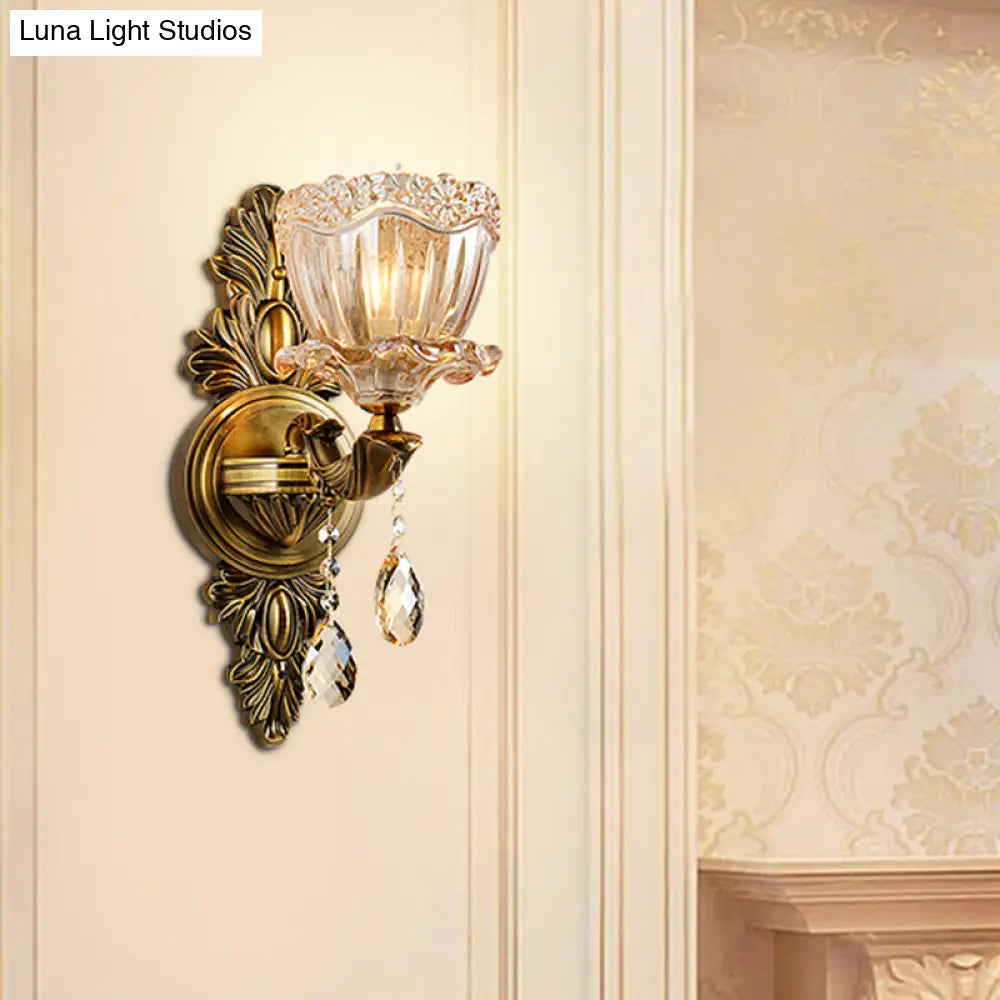 DecorBites™ Modern Floral Shaped Wall Sconce Light with Amber Glass and Teardrop Crystal Drop in Brass - 1/2 Heads - Ideal for Living Room