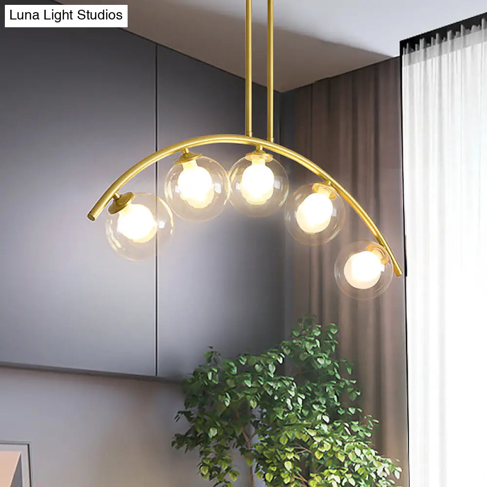 DecorBites™ Modern Glass Orb Island Pendant Light with Brass Arch Arm - 5 Bulbs - White/Clear Design for Dining Room