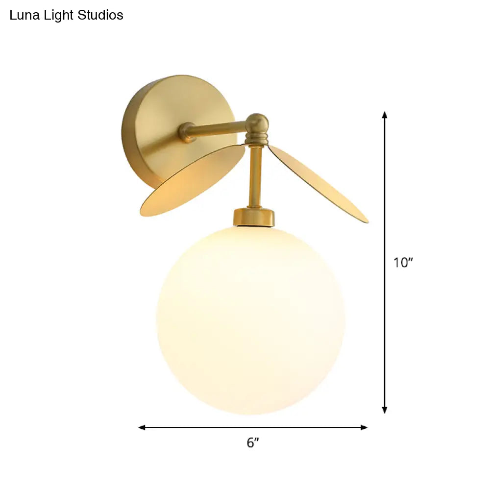 DecorBites™ Modern Globe/Oval Wall Mount Lamp with Cream Glass - Brass Bedside Wall Light with Leaf Deco
