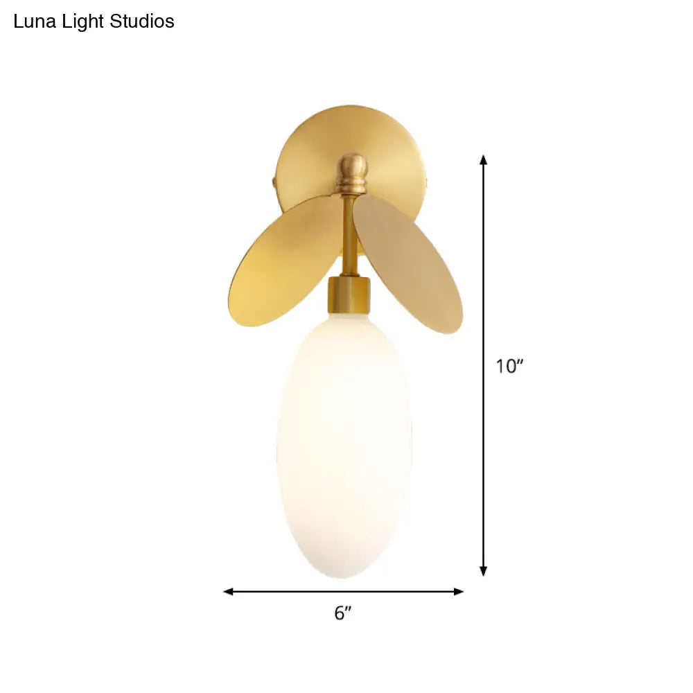 DecorBites™ Modern Globe/Oval Wall Mount Lamp with Cream Glass - Brass Bedside Wall Light with Leaf Deco