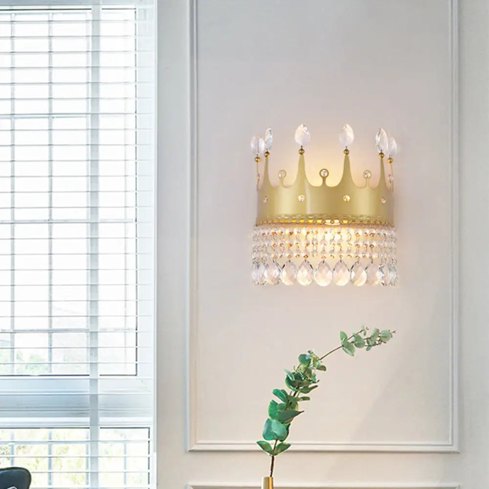 DecorBites™ Modern Gold Crown Wall Sconce with Crystal Droplet - 2 Bulbs Metallic Lamp