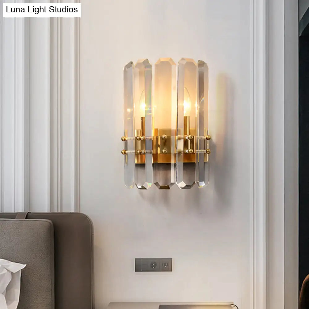 DecorBites™ Modern Gold Crystal Flush Wall Sconce: Half-Cylinder Rectangle-Cut Lamp with 2 Lights for Hallways