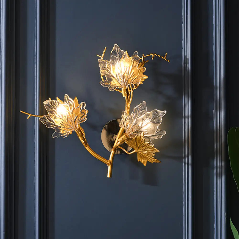 DecorBites™ Modern Gold Maple Leaf Glass Sconce - Clear 3-Light Wall Fixture for Dining Room Lighting