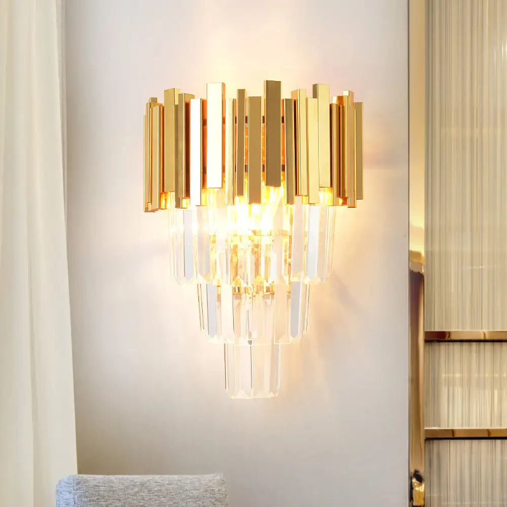 DecorBites™ Modern Gold Sconce Light - 4 Layer Wall Fixture with Tri-Sided Crystal Rods and 2 Heads