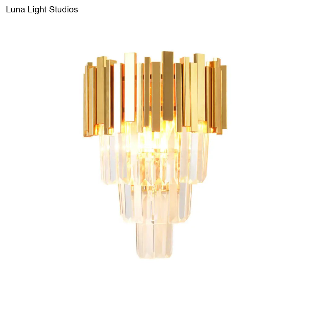 DecorBites™ Modern Gold Sconce Light - 4 Layer Wall Fixture with Tri-Sided Crystal Rods and 2 Heads