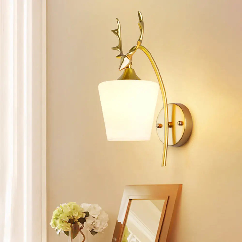 DecorBites™ Modern Gold Wall Mount Light Fixture with Opal Glass and Metal Elk - Conical Sconce