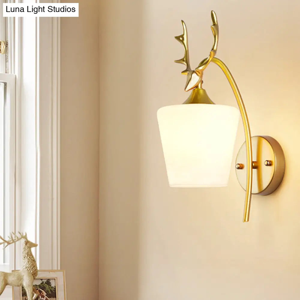 DecorBites™ Modern Gold Wall Mount Light Fixture with Opal Glass and Metal Elk - Conical Sconce