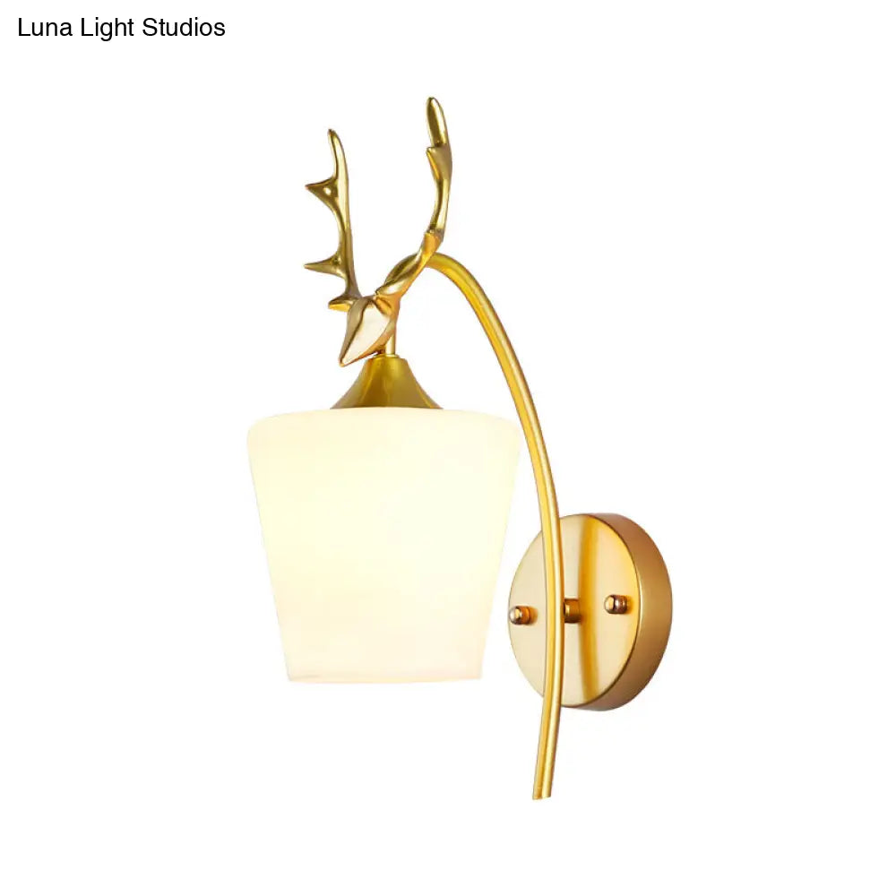DecorBites™ Modern Gold Wall Mount Light Fixture with Opal Glass and Metal Elk - Conical Sconce
