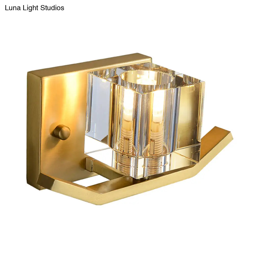 DecorBites™ Modern Gold Wall Mount Light with Cubic Clear Crystal Shade - 1-Bulb Parlor Wall Lighting Fixture