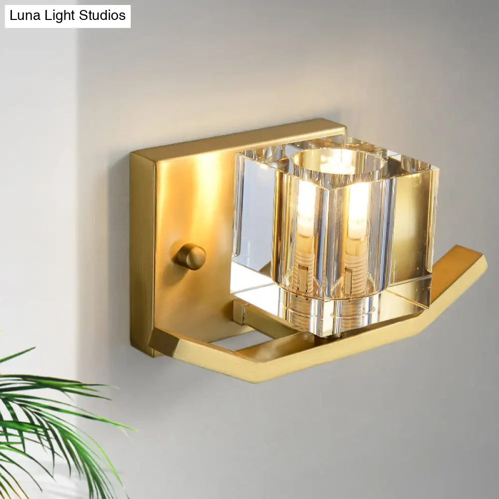 DecorBites™ Modern Gold Wall Mount Light with Cubic Clear Crystal Shade - 1-Bulb Parlor Wall Lighting Fixture