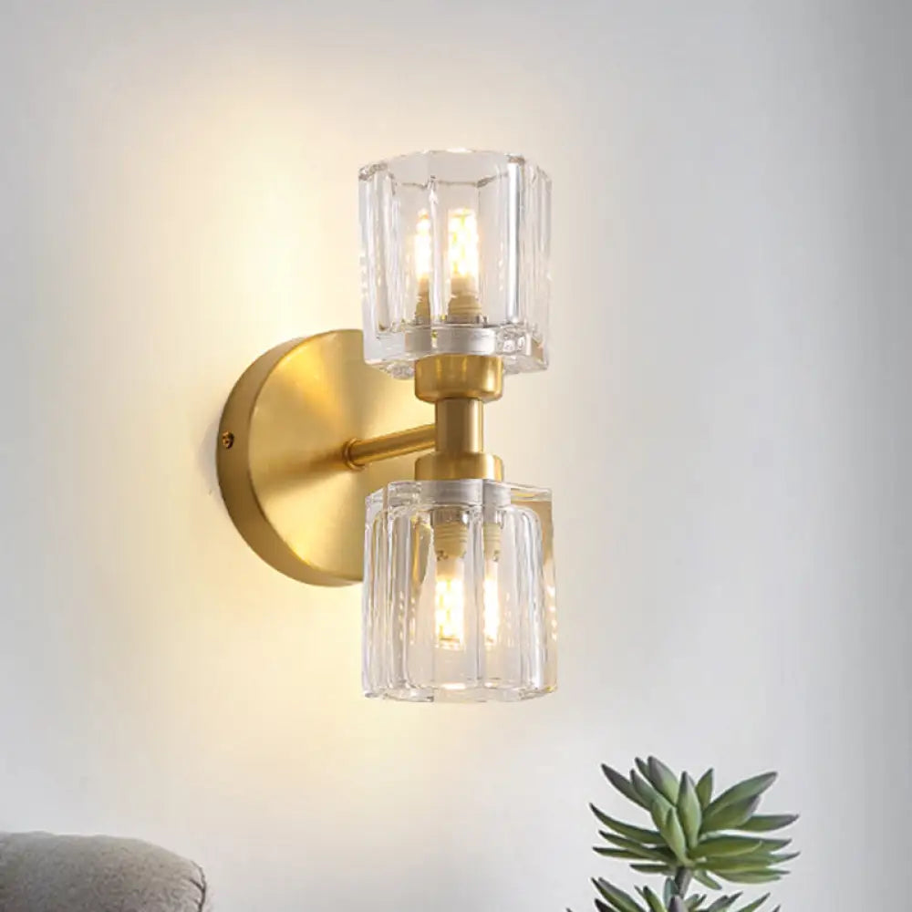 DecorBites™ Modern Gold Wall Sconce Lamp with Clear Crystal, 2 Bulbs - Tapered Living Room Lighting
