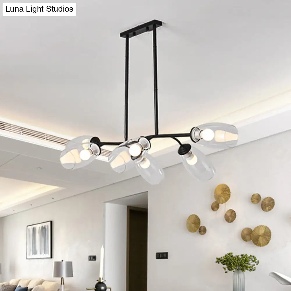DecorBites™ Modern Island Pendant Light with Clear/Amber Glass Shade and Black Branch Design - 6-Bulb Ceiling Hanging Fixture