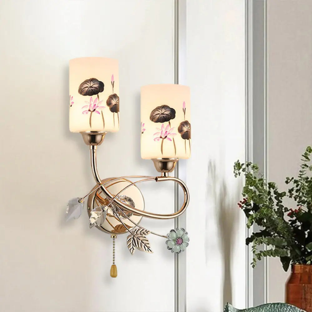DecorBites™ Modern Lotus Glass Wall Sconce with Gold Finish and Pull Chain - 2 Head Cylinder Lamp