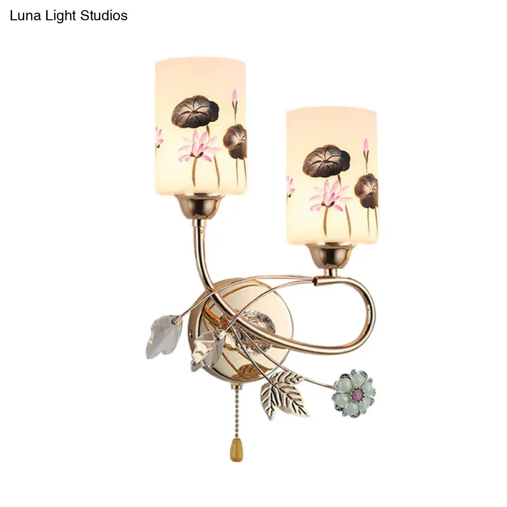 DecorBites™ Modern Lotus Glass Wall Sconce with Gold Finish and Pull Chain - 2 Head Cylinder Lamp