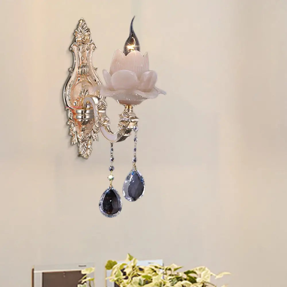 DecorBites™ Modern Lotus Wall Light Fixture with Milky Glass, Brass Sconce, and Teardrop Crystal Accent