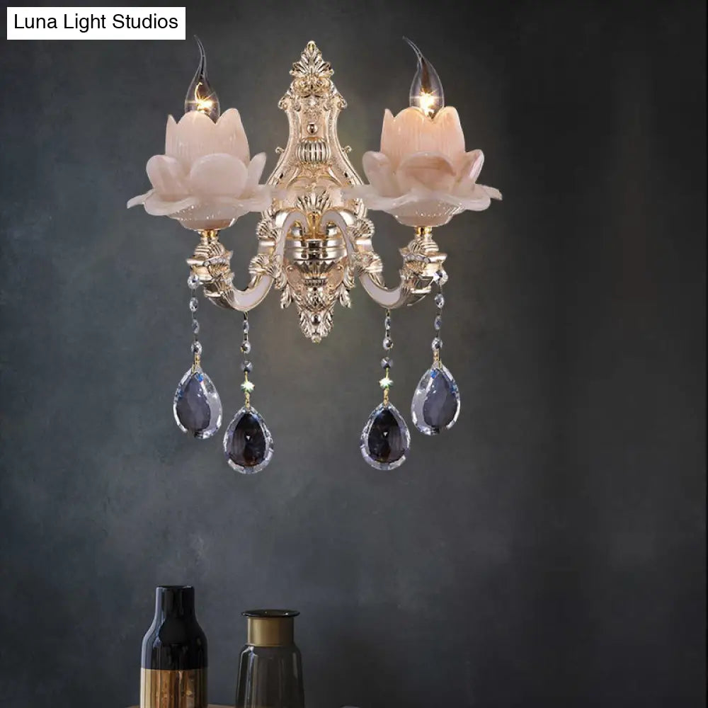 DecorBites™ Modern Lotus Wall Light Fixture with Milky Glass, Brass Sconce, and Teardrop Crystal Accent
