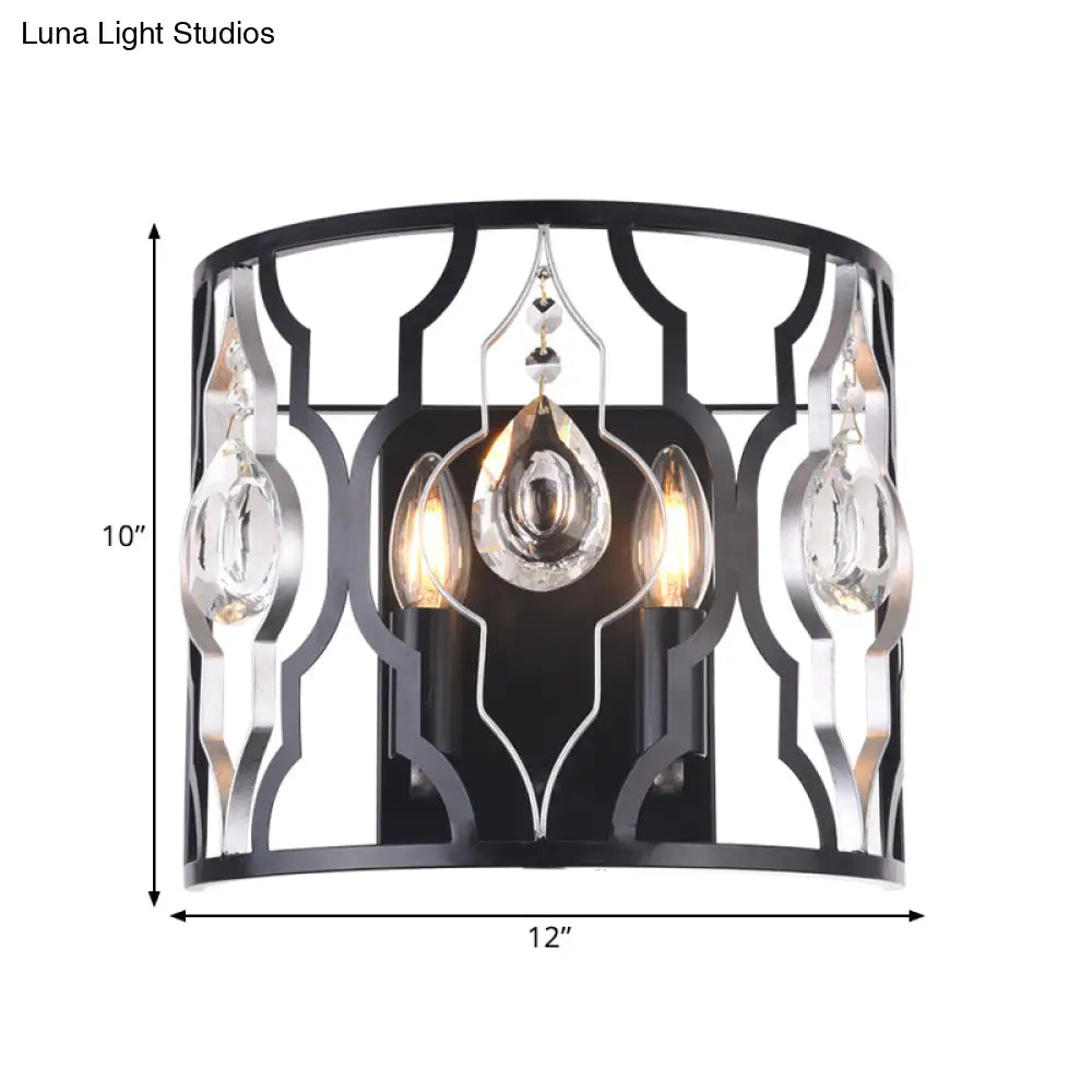 DecorBites™ Modern Metal Frame Black Wall Sconce with Crystal Droplets - Half-Cylinder Design, 2 Heads