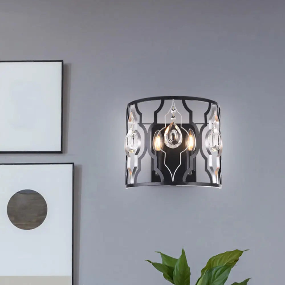 DecorBites™ Modern Metal Frame Black Wall Sconce with Crystal Droplets - Half-Cylinder Design, 2 Heads