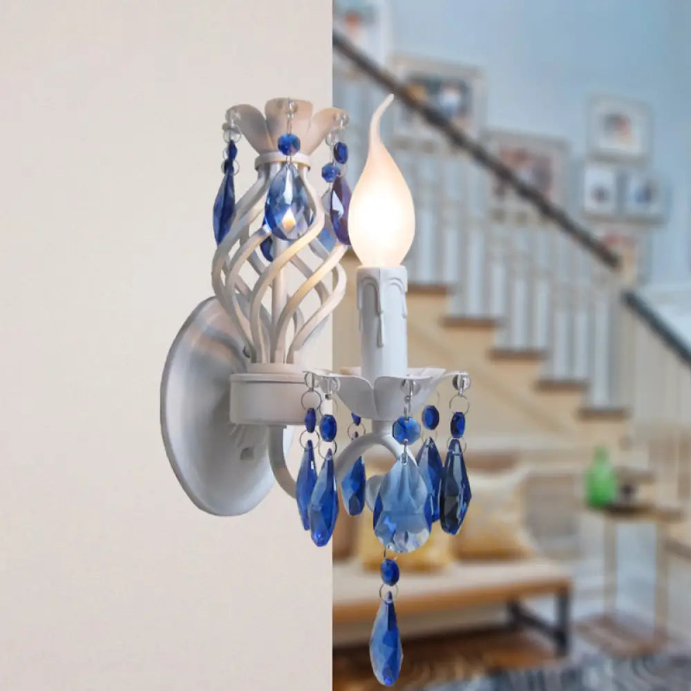 DecorBites™ Modern Metal Wall Light with Exposed Bulb, White Lamp with Blue Crystal Draping